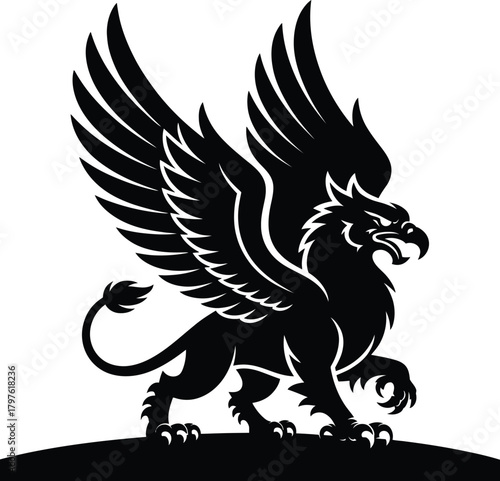 Majestic black griffin silhouette with spread wings and fierce expression