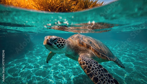 Sea turtle swimming in turq...