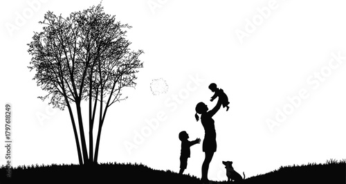 Family silhouette outdoors, mother lifting baby, child reaching, dog sitting nearby, peaceful nature scene under trees at sunset