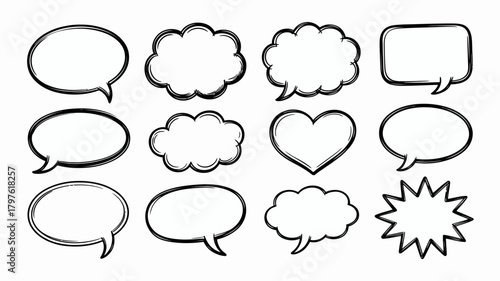 Hand drawn speech bubbles, thought clouds, and comic elements set. sketchy doodle frames for dialogue, messages, and ideas.
