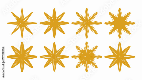 Collection of eight artistic golden stars with an organic, hand-drawn texture. ideal for holiday designs, celebrations, awards, and decorative accents.