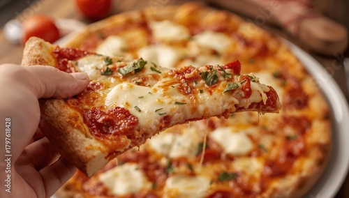 Cheesy slice of pizza held ...