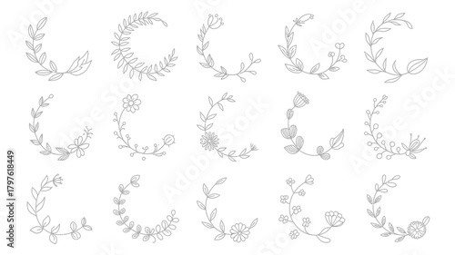 Minimalist hand-drawn floral and leaf wreath vector art collection, elegant botanical design elements for invitations and decoration.