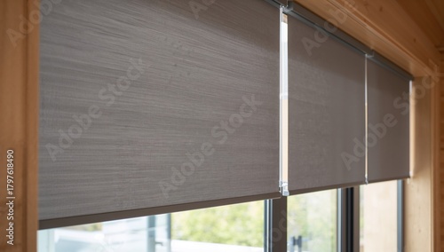 Wallpaper Mural Roller Blinds on Expansive Window with Wooden Surround, enhancing light control indoors Torontodigital.ca