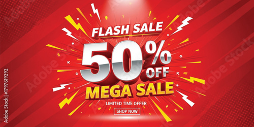 Flash sale 50% OFF mega sale banner with bold 3D silver and white text, dynamic red background, lightning bolt elements, speed lines and starburst burst effects