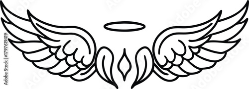 Angel wings with halo and decorative element outline isolated