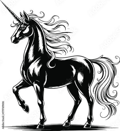 Majestic black unicorn with flowing mane and tail standing proudly
