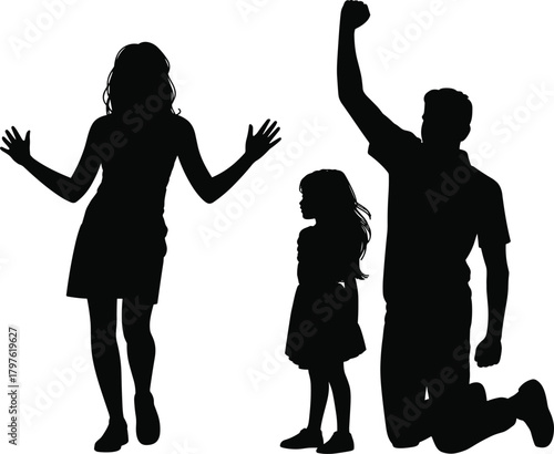 Family silhouette, parents and child together, father kneeling raising arm, mother gesturing hands, young girl standing, unity illustration