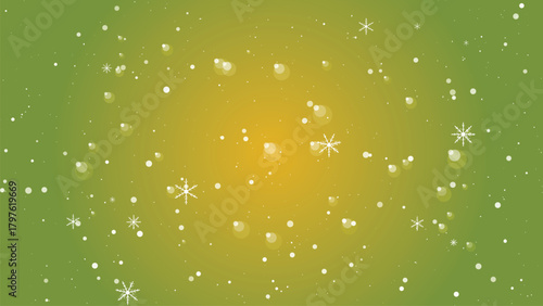 Falling snowflakes and bokeh lights on a green and yellow gradient background