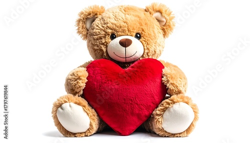 Light brown teddy bear holding red heart pillow on white background