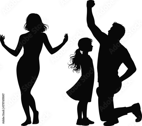 Family silhouettes celebrating, mother father daughter, joyful pose, excited parents, child standing, happy moment, black vector illustration