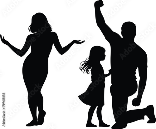 Family silhouettes, mother shrugging, father kneeling, child standing, parent child moment, expressive poses, black vector illustration
