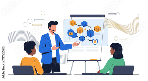 Business presentation on blockchain technology and security, data protection strategy depicted in