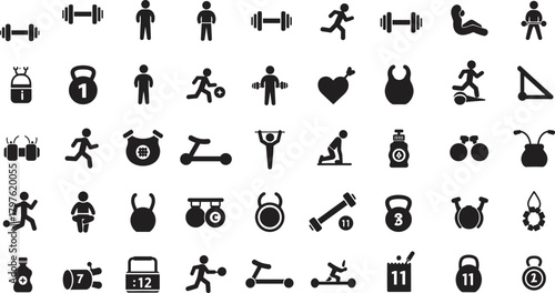 Fitness workout silhouette icons set, gym exercise symbols collection, sports training equipment pack, active lifestyle vector illustration