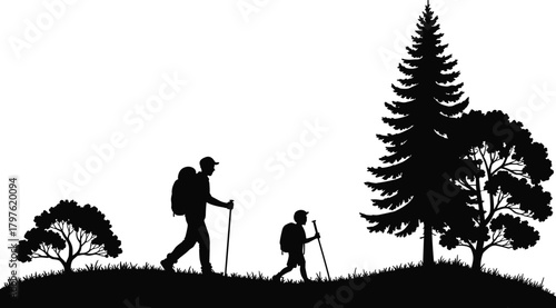 father and child hiking, backpack travelers silhouette, outdoor adventure scene, walking with sticks, nature trail, forest landscape illustration