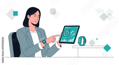 Businesswoman analyzing data on tablet and smartwatch modern data monitoring integration