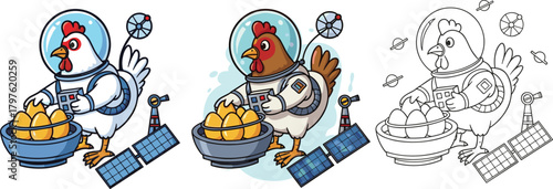 Funny astronaut chicken collecting golden eggs in space with cosmic satellites cartoon illustration for creative sci-fi artwork