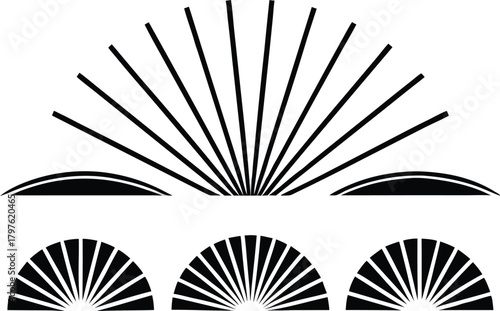 Sunburst and fan shapes with radiating lines on white background