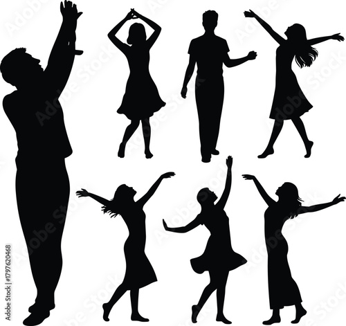 Joyful dancing silhouette collection featuring men and women in expressive poses, festive celebration movement, creative vector illustration set