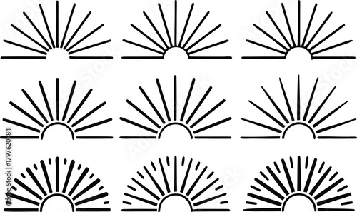 Set of sun burst line art icons on white background