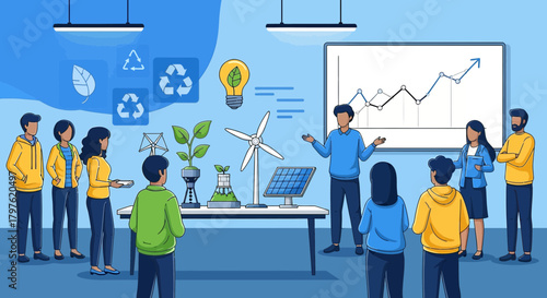 Collaborative meeting discussing sustainable energy solutions and environmental conservation for a