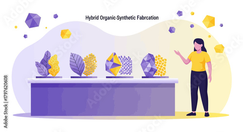 Conceptual illustration of hybrid organic-synthetic fabrication techniques showcase with geometric