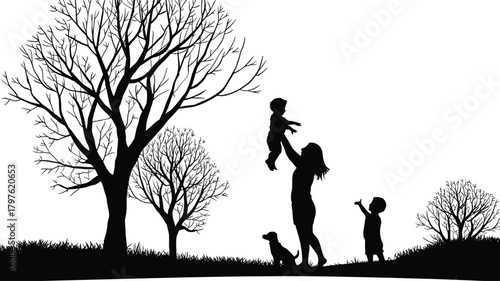 Mother with children silhouette, playful family scene outdoors, parent lifting baby, child pointing, nature landscape, dog companion