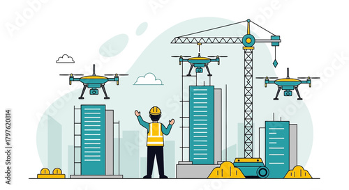 Construction site with worker and drones overseeing building progress illustration