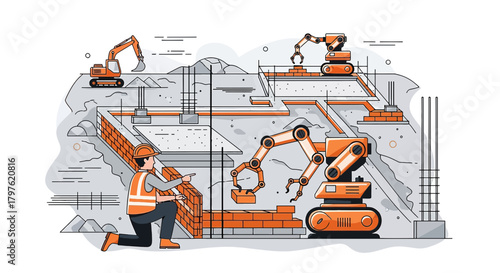 Construction site featuring an engineer, robots and heavy machinery creating foundation structures