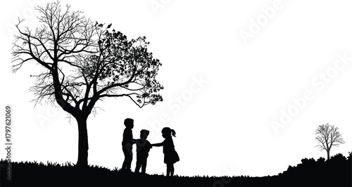 Silhouette children playing outdoors, three kids interacting under tree, childhood friendship scene, nature background, playful group illustration