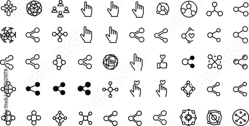 Share icon set, social connection symbols, network interaction outline collection, communication and engagement graphics for digital interface design