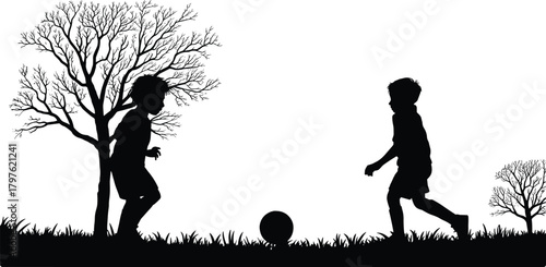 Silhouette children playing soccer, two kids kicking ball outdoors, nature scene, childhood sports activity, tree background illustration