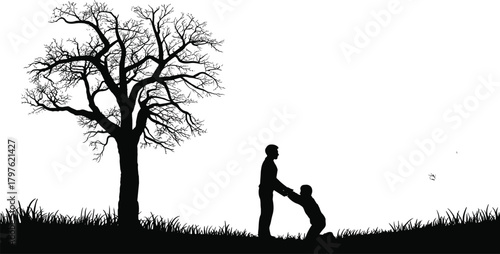 Silhouette helping child, adult lifting kid, support scene outdoors, nature landscape, tree silhouette, encouragement, guidance illustration