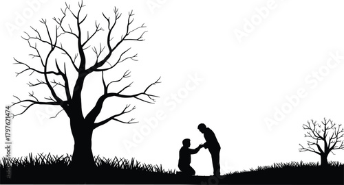 Silhouette helping scene, person lifting another, support illustration, nature landscape, teamwork concept, emotional assistance artwork, outdoor silhouettes
