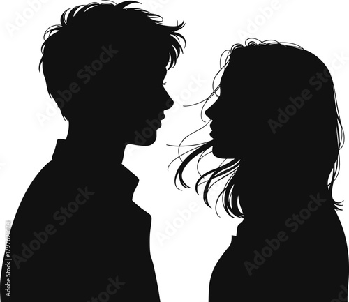 Silhouette of couple facing each other, romantic moment between man and woman showing emotion, love and intimate expression