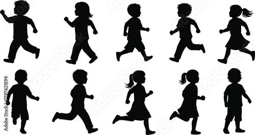 PrintSilhouettes of running children in various active poses, showcasing playful movement, youthful energy, dynamic kid illustrations ideal for educational and creative design projects