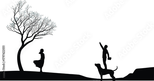 Silhouette of woman under tree and person with dog outdoors, peaceful landscape scene showing freedom, nature and companionship