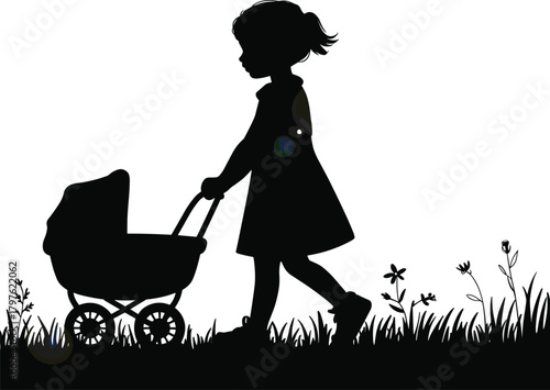 Silhouette of young girl pushing baby stroller outdoors, child walking in grass, playful childhood moment, nature scene illustration