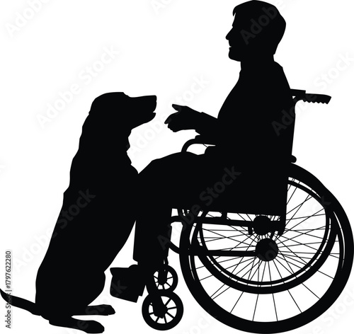 Silhouette of wheelchair user interacting with loyal dog, emotional support companion, friendship, assistance animal illustration, inclusive design concept