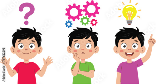 Cartoon boy expressing confusion thinking and idea stages with question mark gears and light bulb concept showing problem solving creativity illustration