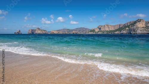Fototapeta Naklejka Na Ścianę i Meble -  Scenic view of the blue sea and rocky landscape, erosion risk