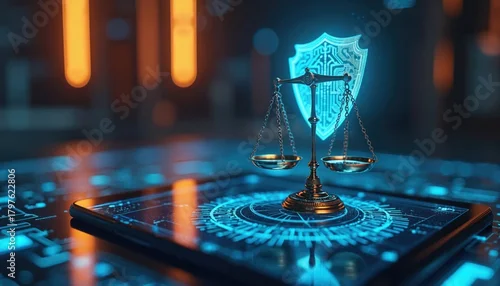 Fototapeta samoprzylepna Metal scales of justice rest on digital interface with glowing shield icon symbolizing cyber law and online security. Technology meets legal system in futuristic concept.
