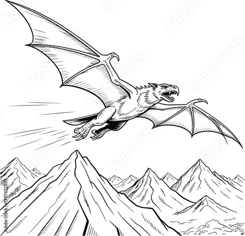 Majestic dragon soars through the sky above jagged mountain peaks