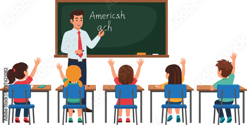 Classroom with teacher and students, cartoon school scene, chalkboard spelling lesson, kids raising hands, educational illustration, learning environment, teaching moment