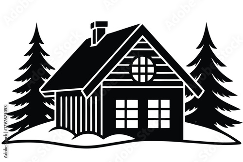 snow covered cottage vector icon silhouette