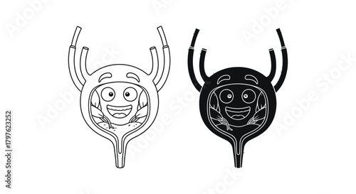 Three cartoon bladders one colored one outline and one in silhouette