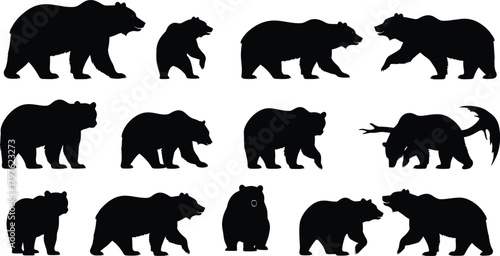 Foto PrintWild bear silhouette collection featuring walking, standing, roaring and ac