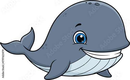 Cute cartoon whale smiling happily in blue ocean style, adorable sea animal illustration for kids, marine wildlife character drawing