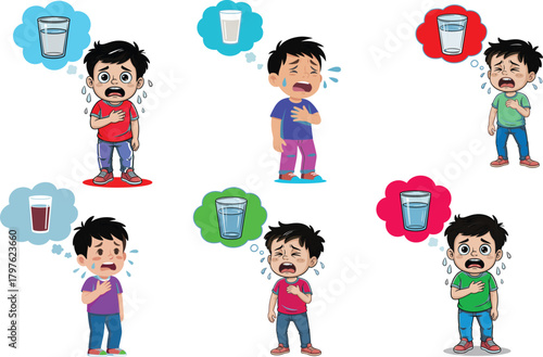 Cartoon illustration of thirsty young boy sweating and holding chest while imagining glass of water, expressing dehydration need for drinking water