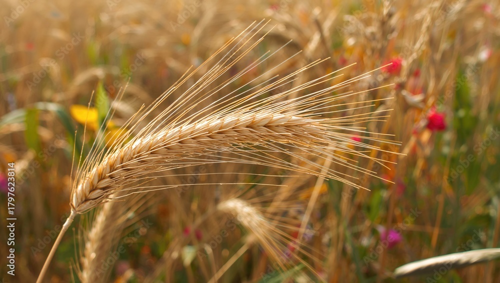 Obraz premium Wheat grain ears in close-up, showcasing growth patterns, agricultural significance